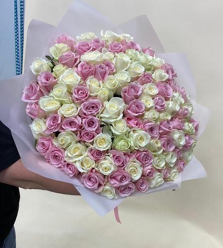 Букет 101 роза бело-розовая (40 см) "Аромат любви"